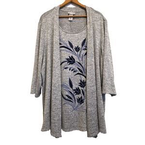 Catherines Layered Look Top Gray & Blue Floral Pullover Women's 1X=18/20W